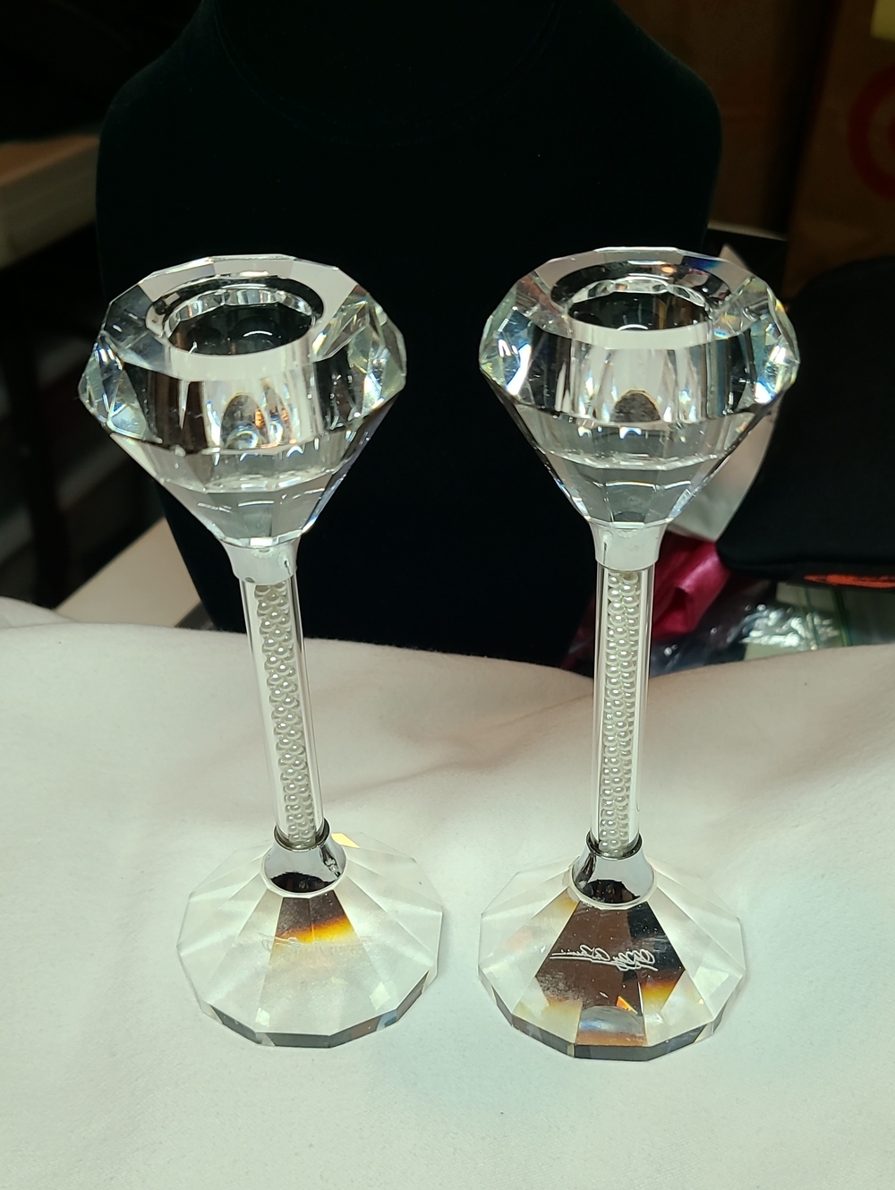 Oleg Cassini Candlesticks Crystal Signed Filled With Perals Set Candle Holder